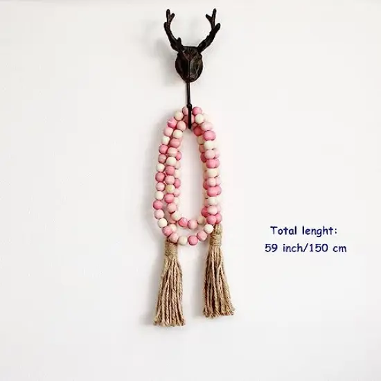 Wood Beads Garland with Tassels Farmhouse Rustic Wooden Prayer Bead String Wall Hanging Accent for Home Festival Decor. Pink Mix Distressed {4}