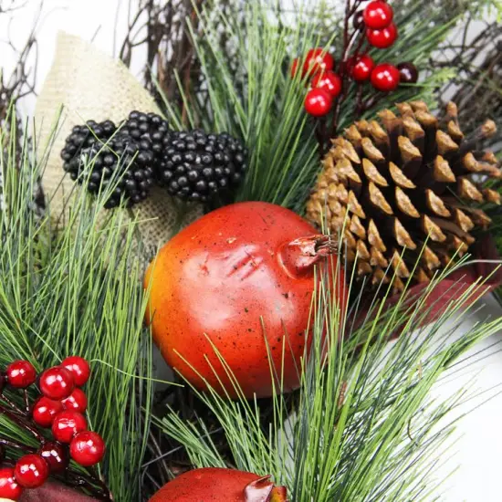Northlight Mixed Berry, Leaves and Pomegranate Fall Harvest Garland - 6' x 10" - Green and Orange Red {4}