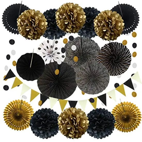 21 Pieces Party Decoration, Black and Gold Hanging Paper Fans, Pom Poms Flowers, Garlands String Polka Dot and Triangle Bunting Flags for Birthday Parties Wedding D&eacute;cor, Table & Wall Decorations {2}