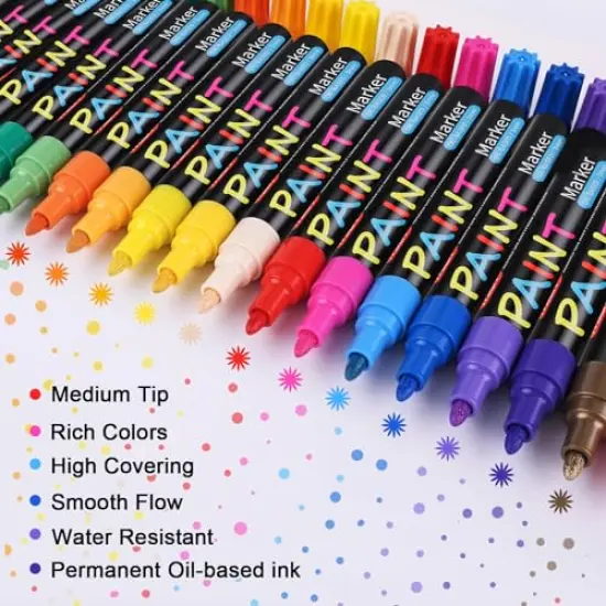 20 Colors Paint Pens Paint Markers,Oil-Based Waterproof Paint Marker Pen Set, Never Fade Quick Dry and Permanent, Works on Rocks Painting, Wood, Fabric, Plastic, Canvas, Glass, Mugs {1}