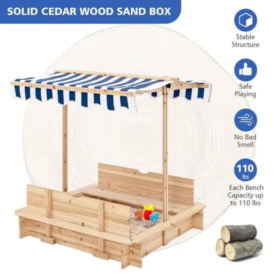 Kids Wooden Sandbox with Canopy and Foldable Bench Seats {5}