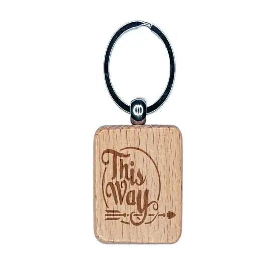 This Way Script Text Arrow Pointing Engraved Wood Square Keychain Tag Charm {1}