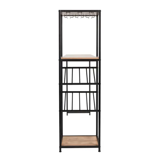 Merrick Lane Kramer Metal Bar and Wine Table with Bottle Storage and Hanging Stemware Holders LightBrownTop/Black {4}