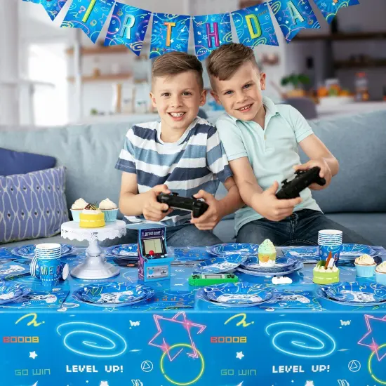 88 Pieces Gamer Birthday Party Decorations for Kids Boys Family Gaming Night Tableware Set Happy Birthday Banner Tablecloth Plates Napkins Cups Balloons Serves 16 Guests {3}