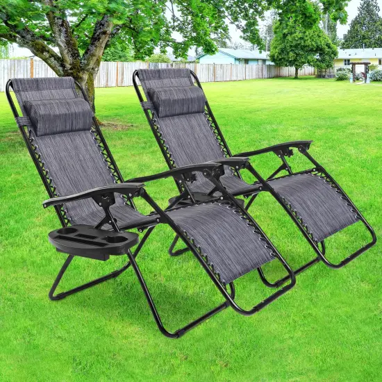 2 Pieces Folding Recliner Zero Gravity Lounge Chair Grey {6}