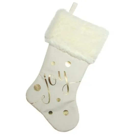 Northlight 19" Ivory White and Gold "Joy" Christmas Stocking with White Faux Fur Cuff {1}