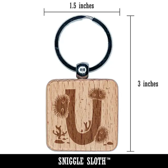 Animal Alphabet Letter U for Urchin Engraved Wood Square Keychain Tag Charm {2}