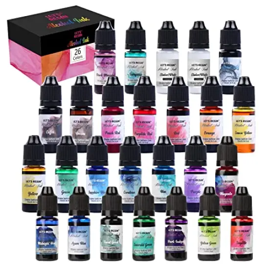 Alcohol Ink for Epoxy Resin LET'S RESIN Concentrated Alcohol Ink Set, 26 Vibrant Colors Alcohol-Based Resin Ink,Alcohol Paint Resin Dye for Resin Art, Tumblers, Resin Epoxy(Each 0.35oz) {1}