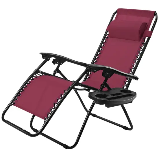 Outdoor Folding Zero Gravity Reclining Lounge Chair with Utility Tray Dark Red {4}