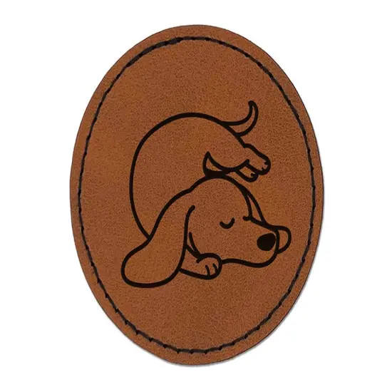 Dachshund Sleeping Wiener Dog Round Iron-On Engraved Faux Leather Patch Applique - 2.5" Brown {1}