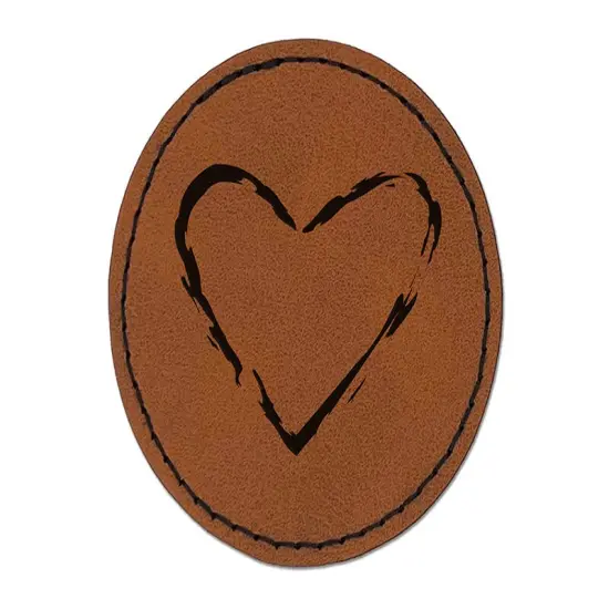 Heart Love Sketch Outline Round Iron-On Engraved Faux Leather Patch Applique - 2.5" Brown {1}