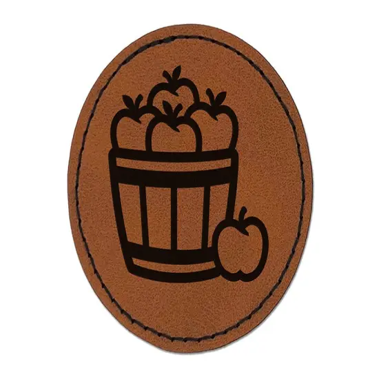 Basket of Apples Fruit Fall Round Iron-On Engraved Faux Leather Patch Applique - 2.5" Brown {1}