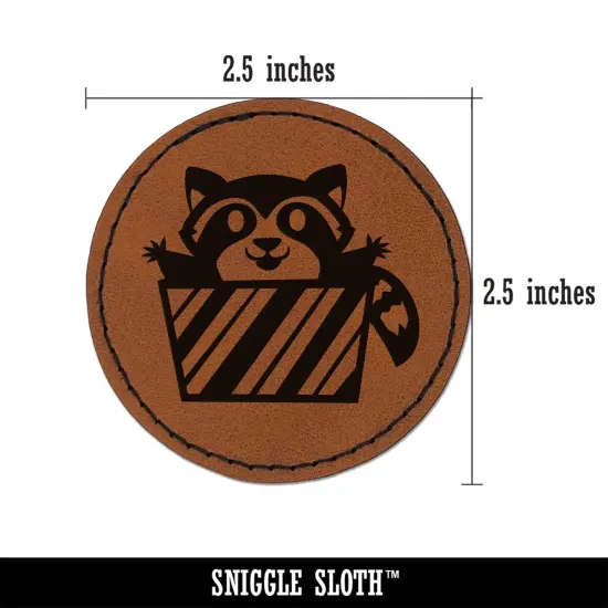 Raccoon Jumping Out Present Christmas Holiday Round Iron-On Engraved Faux Leather Patch Applique - 2.5" Brown {3}