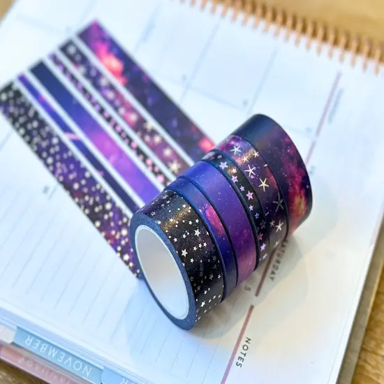 FOILED Galaxy Space Purple & Black Stars Celestial Astrology Washi Tape Set (#W011) {6}