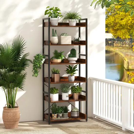 Costway 2 PCS 6-Tier Bookshelf Open Display Shelves Storage Rack Metal Frame with 4 Hooks {4}