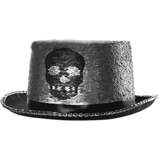 Reversible Silver Sequin Skull Top Hat Costume Accessory {1}