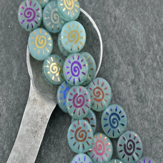*8* 14mm Aqua Opaline Satin Sliperit Laser Tattoo Sun Coin Beads {1}