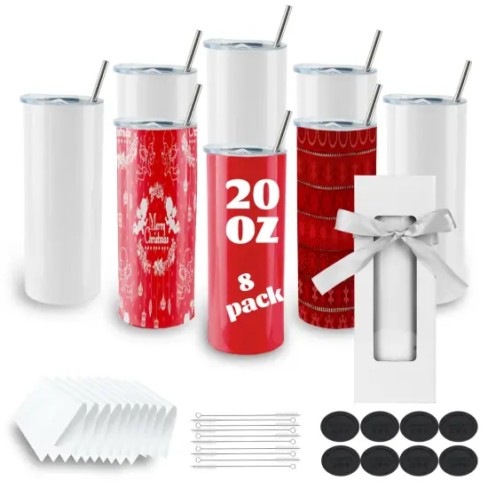 8 Pack Straight Sublimation Tumblers bulk 20 oz Skinny,Stainless Steel Double Wall Insulated Tumbler Cups Blank White with Lid, Straw, Individually Boxed,Polymer Coating for Heat Transfer {1}