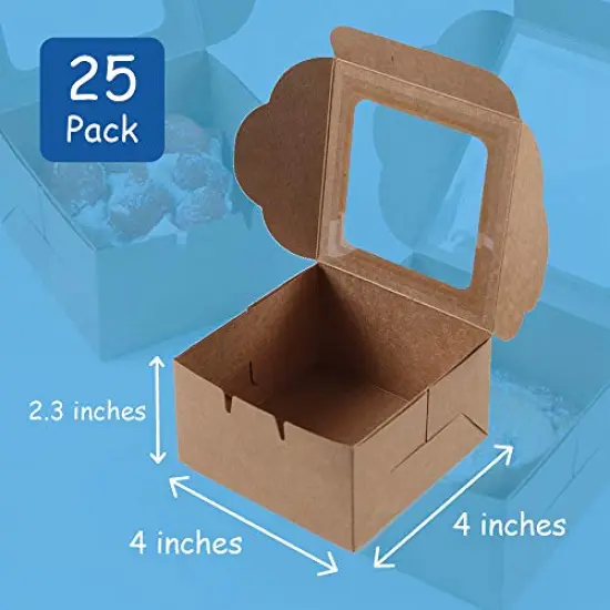 25-Pack Kraft Paper Bakery Boxes - Single Pastry Box 4-Inch, Packaging with Clear Display Window, Donut, Mini Cake, Pie Slice, Dessert Disposable Take-Out Container, Brown, 4 x 2.3 x 4 Inches {1}