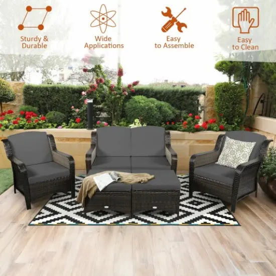 5 Pieces Patio Rattan Sofa Set with Cushion and Ottoman Grey {2}