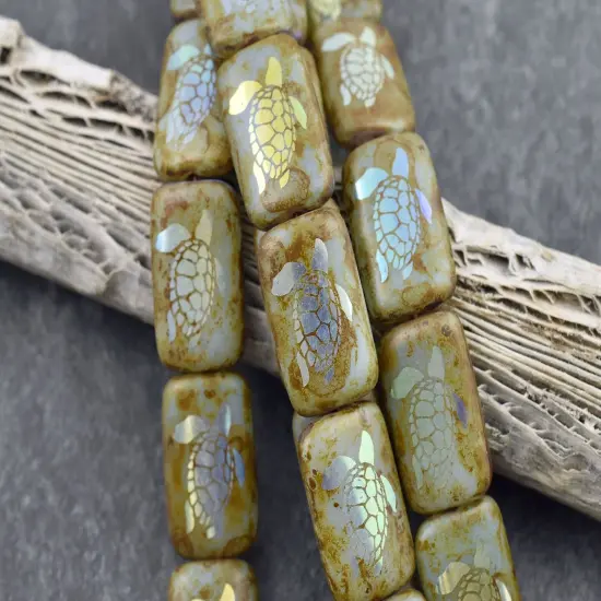 *6* 18x12mm Aqua Picasso Laser Tattoo Rectangle Turtle Beads {3}