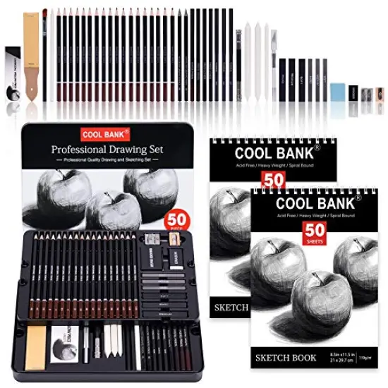 52 Piece Professional Drawing Set with 2 x 50 Page Drawing Pad, Art Supplies, Graphite Drawing Pencils and Sketch Set, Artist Sketching Tools in Tin Box Includes Charcoals,Pastels and Sharpener {1}