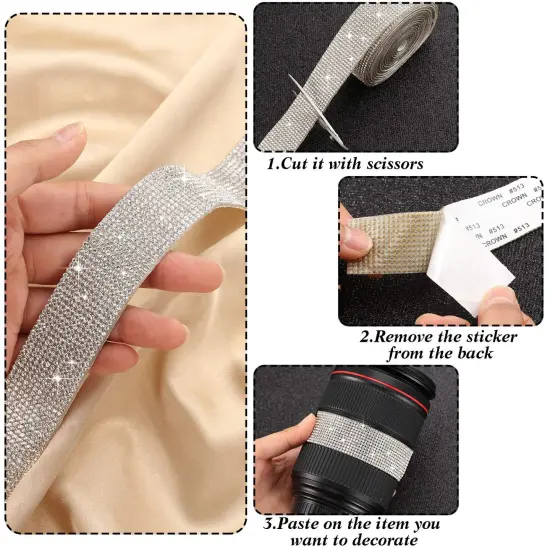 3 Yards Self Adhesive Rhinestone Strips Diamond Bling Crystal Ribbon Sticker Wrap for Craft Jewel Tape Roll with 2 mm Rhinestones for DIY Car Phone Christmas Decoration (Silver,1.06 Inch ) {5}