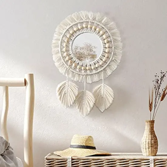 Hanging Wall Mirror-Boho Macrame Fringe Round Decorative Mirror with Wood Beads Feather Pendant，Art Ornament for Apartment Home Bedroom Living Room {2}