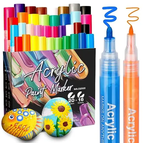 36 Pack Acrylic Paint Marker Pens for Rock Painting, Wood, Canvas, Ceramic, Glass, Fabric, Metal, Paper, Scrapbooking, Pumpkin Painting, Arts Crafts Supplies for Adults Kids(Fine Tip & Medium Tip) {1}