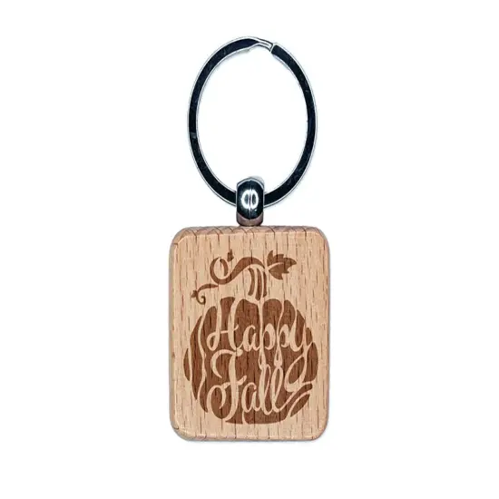 Happy Fall Autumn Harvest Pumpkin with Vine Engraved Wood Square Keychain Tag Charm {1}