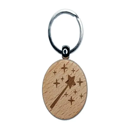 Magic Fairy Wand Engraved Wood Round Keychain Tag Charm {1}