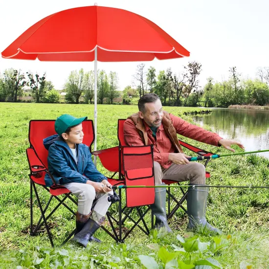 Portable Folding Picnic Double Chair With Umbrella Red {1}