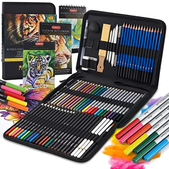 80 Pack Drawing Set Sketching Kit, Pro Art Supplies with 3-Color Sketchbook, Watercolor Pad, Colored, Graphite, Charcoal, Metallic Pencil, for Artist Adults Kids Beginner {5}