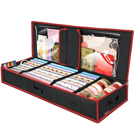 BALEINE Christmas Wrapping Paper Storage Organizer with Flexible Partitions and Pockets, 40" Durable 600D Oxford Fabric Gift Wrap Storage Bag Fits Ribbon, Ornaments, Holiday Accessories (Black/Red) {1}