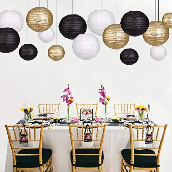 15 Pieces Paper Lanterns Decorative, Round Hanging Paper Lanterns Decorations for Wedding Graduation Anniversary Birthday Party Supplies Black/Gold/White {1}