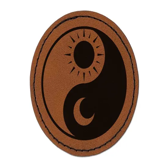 Sun Moon Yin Yang Night Day Round Iron-On Engraved Faux Leather Patch Applique - 2.5" Brown {1}