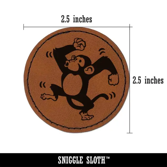 Fun Dancing Monkey Round Iron-On Engraved Faux Leather Patch Applique - 2.5" Brown {2}
