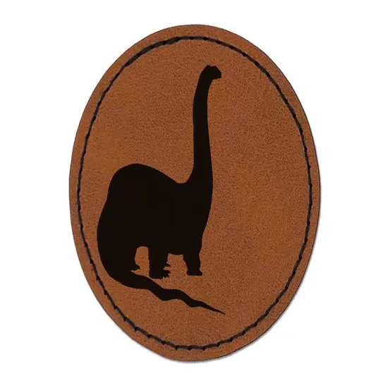 Brachiosaurus Dinosaur Solid Round Iron-On Engraved Faux Leather Patch Applique - 2.5" Brown {1}