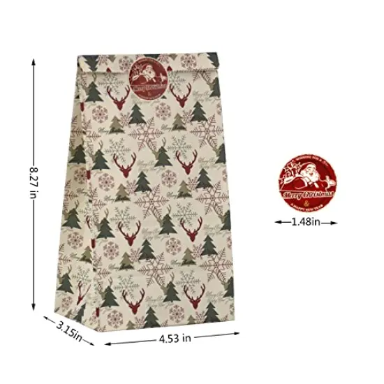 24 Pieces Christmas Treat Bags,Christmas Paper Bags,Christmas Stickers, Christmas Goodie Bag Party Supplies for Classrooms, Party Favors, Kraft Holiday Goody {2}