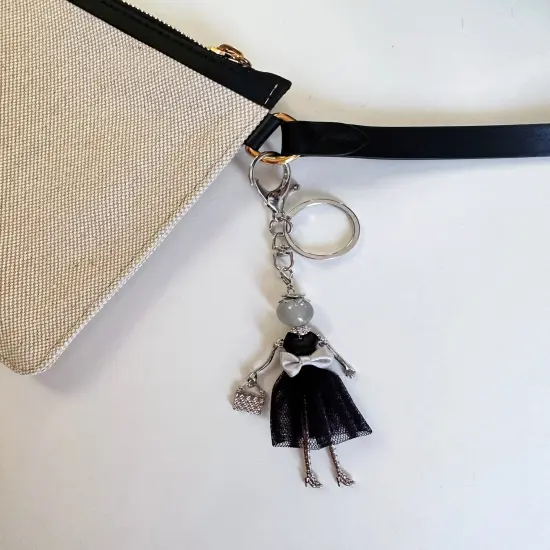 Wrapables Hanging Fashionista Doll Keychain, Crystal Rhinestone Keyring Bag Charm, Black Bow {3}