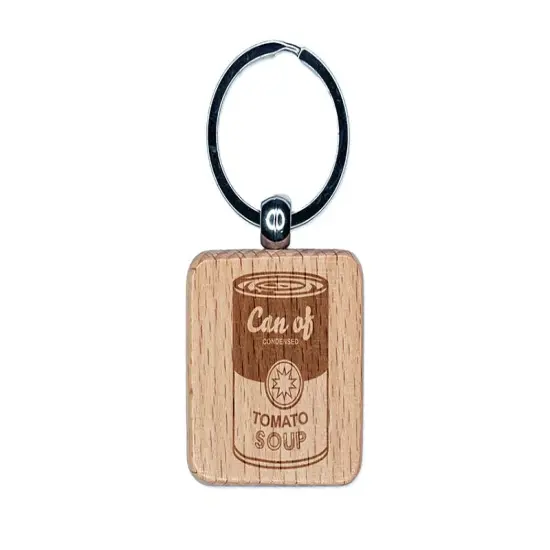 Can of Tomato Soup Modern Art Engraved Wood Square Keychain Tag Charm {1}