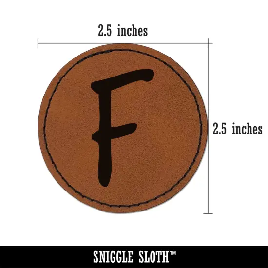 Letter F Uppercase Felt Marker Font Round Iron-On Engraved Faux Leather Patch Applique - 2.5" Brown {3}