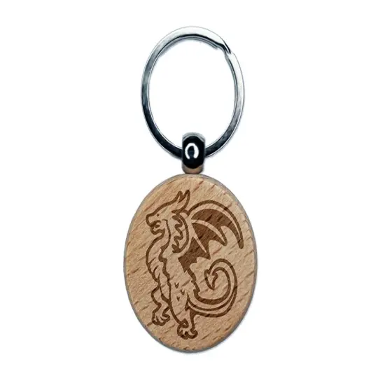 Fierce Wyvern Dragon Fantasy Silhouette Engraved Wood Round Keychain Tag Charm {1}