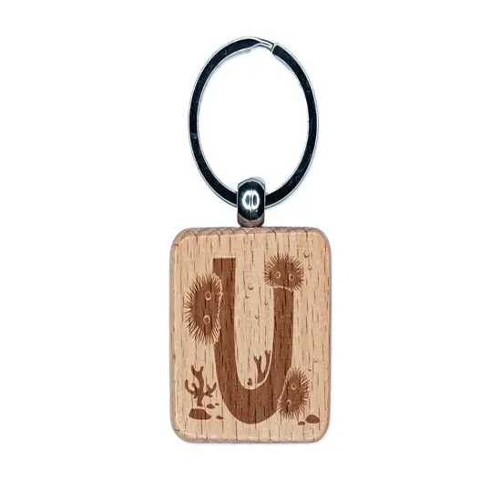 Animal Alphabet Letter U for Urchin Engraved Wood Square Keychain Tag Charm {1}