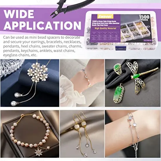 1501 Pieces 6 Colors 4 Styles Brass Tube Crimp Beads with Bead Crimping Pliers Kit, Including Brass Tube Crimp Beads & Crimp Beads Knot Covers & Wire Guardians & Iron Bead Tips Knot Covers {2}