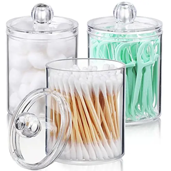 AOZITA 3 Pack Qtip Holder Dispenser for Cotton Ball, Cotton Swab, Cotton Round Pads, Floss - 10 oz Clear Plastic Apothecary Jar Set for Bathroom Canister Storage Organization, Vanity Makeup Organizer {1}
