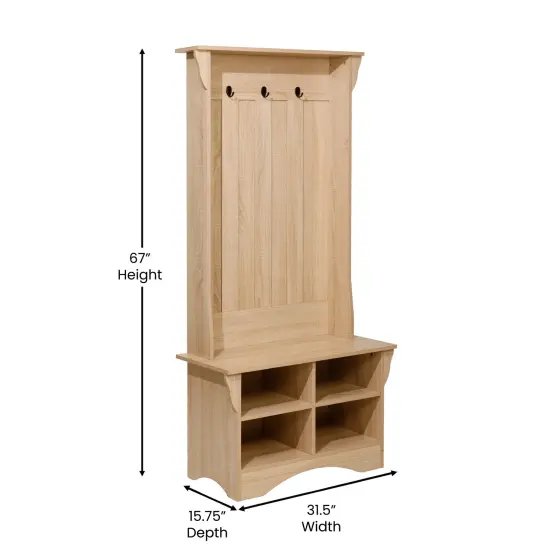 Merrick Lane Whitman Hallway Tree with Bench Seating, 3 Single Coat Hooks and Lower Storage with Adjustable Shelves Weathered Natural {6}