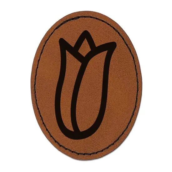 Flower Bud Outline Round Iron-On Engraved Faux Leather Patch Applique - 2.5" Brown {1}