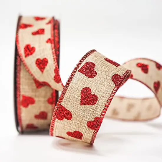1.5" x 20 Yards x 1 Roll Faux Jute with Red Glitter Heart Wired Ribbon for Home Decor, Gift Wrapping, DIY Crafts {5}