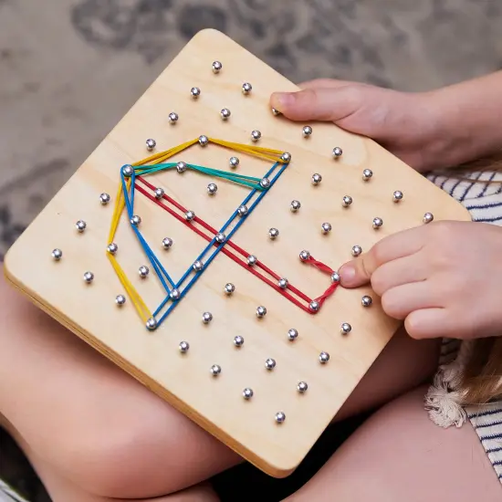 Wooden Geoboard - Montessori Toys for 3 4 5 Year Old Kids and Toddlers, Educational Toy with 30 Pattern Cards and 40 Rubber Bands to Create Figures, Brain Teaser STEM Toy Geo Board {4}
